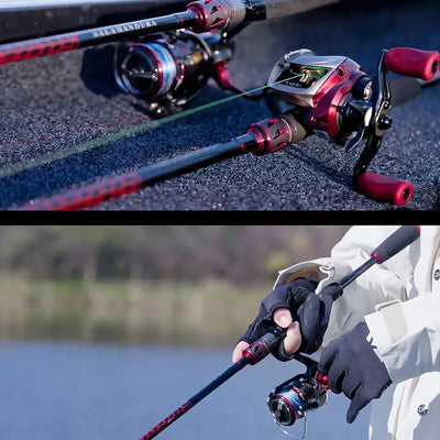 Spinning reel with red handle and black body on fishing rod