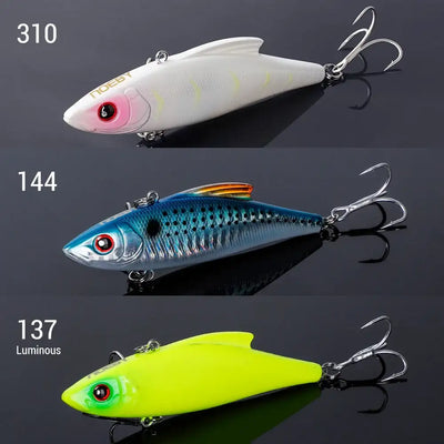 Three-piece sinking crankbait lure set with white, blue, and chartreuse-yellow colors