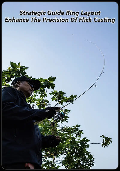 Baitcasting fishing rod held ready to cast with rod guides visible overhead