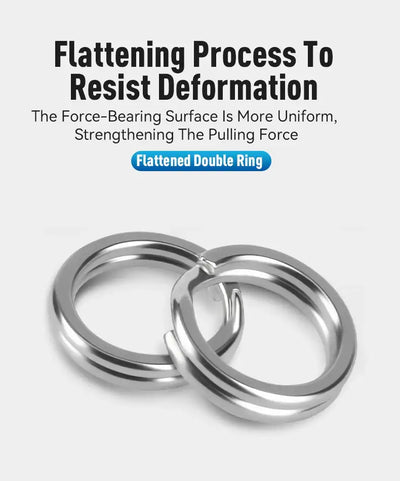 Flattened oval double stainless steel split rings for reinforced pull