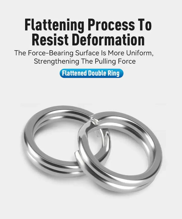 Flattened oval double stainless steel split rings for reinforced pull