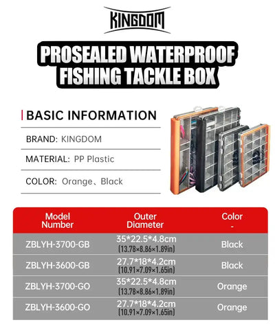 Prosealed waterproof fishing tackle box in orange with black modular trays