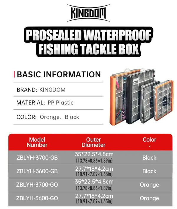 Prosealed waterproof fishing tackle box in orange with black modular trays