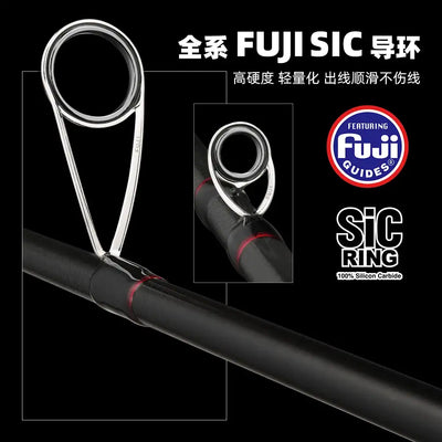 Black fishing rod with guide ring and black reel seat with red trim