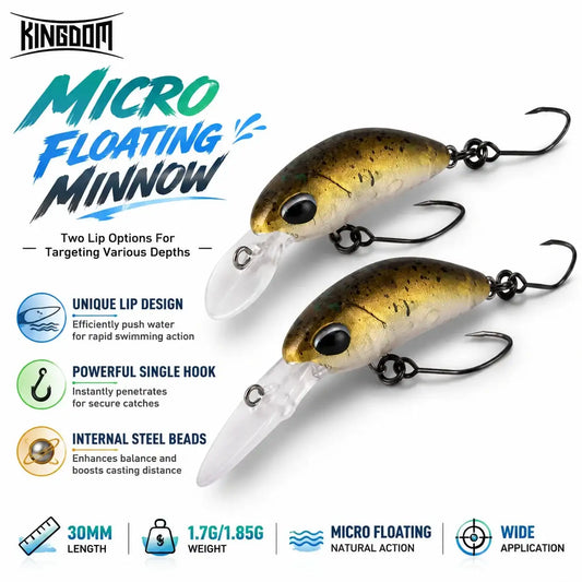 Floating artificial crankbait minnow lure, gold and black speckled, with single hooks