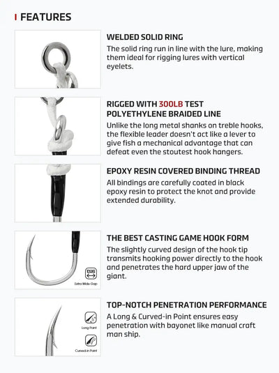 Noeby plugging inline single assist hooks, welded solid ring and epoxy thread binding