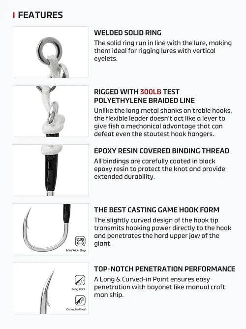 Noeby plugging inline single assist hooks, welded solid ring and epoxy thread binding