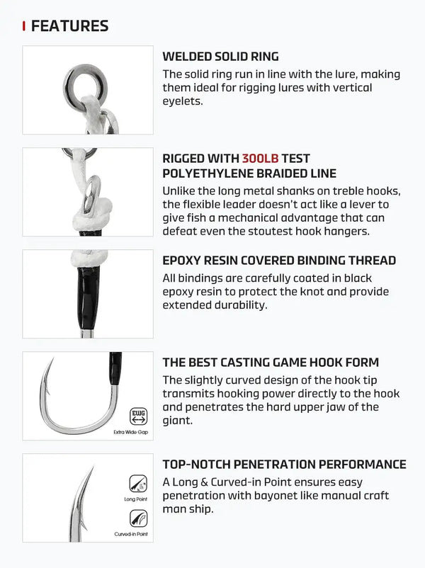 Noeby plugging inline single assist hooks, welded solid ring and epoxy thread binding
