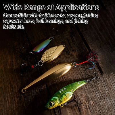 Fishing lure connectors with split rings, suited for attaching hooks and tackle