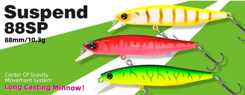 Suspend 88SP fishing lure graphic with three colorful lures