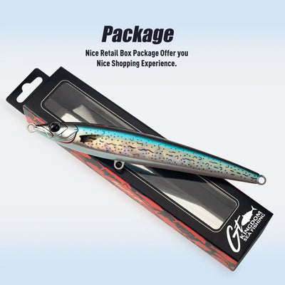 Floating pencil lure in retail box package, blue-speckle bait pattern