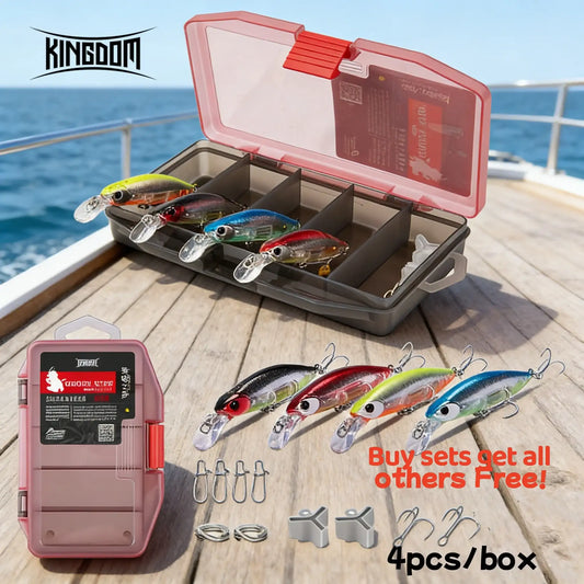 4-piece slow-sinking minnow lure combo in mixed colors with clear lip hooks and storage case