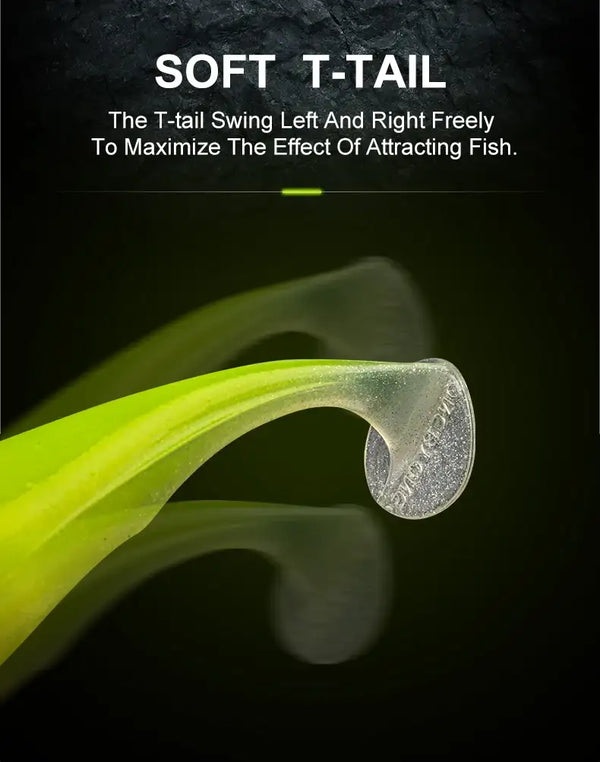 Soft T-tail end of lime green fishing lure, translucent fin shape