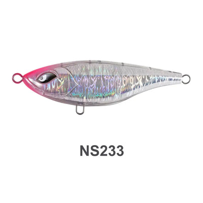 Hard fishing lure, pink-red head with silver iridescent body and lifelike eye