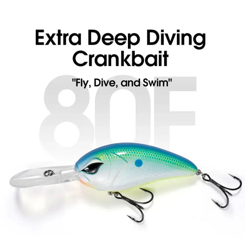 Teal and white minnow crankbait with clear lip and silver treble hooks