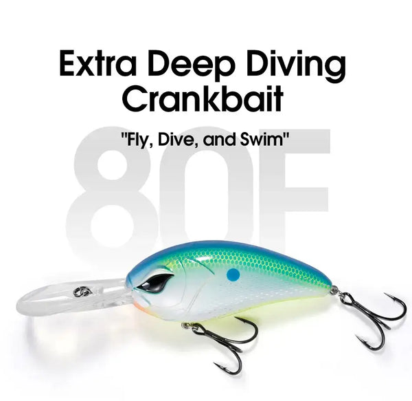 Teal and white minnow crankbait with clear lip and silver treble hooks