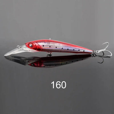 Trolling minnow fishing lure, white body with red top, red eye, clear lip, 2 treble hooks