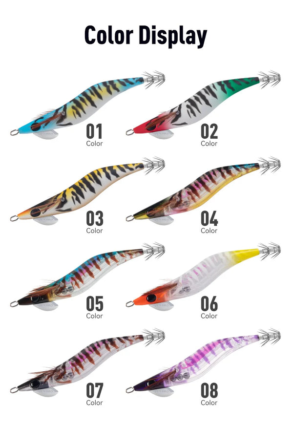 Assorted squid jig colors 01–08, zebra and multicolor bodies with clear tentacles