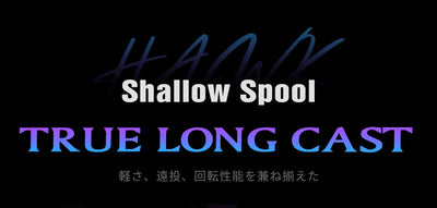 Shallow spool true long cast feature graphic for fishing reel