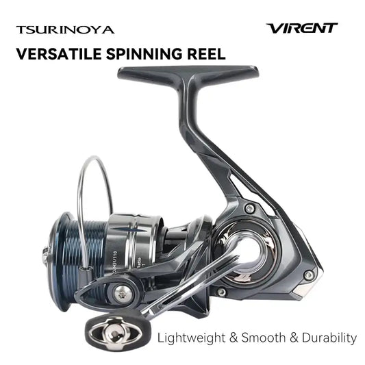 Black and silver spinning fishing reel with long-cast line spool and handle