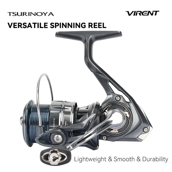 Black and silver spinning fishing reel with long-cast line spool and handle