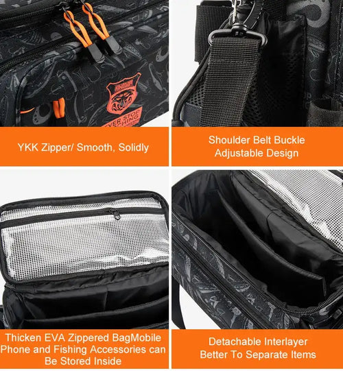 Fishing tackle bag with orange zipper pulls, adjustable buckle, EVA phone pocket, and divider