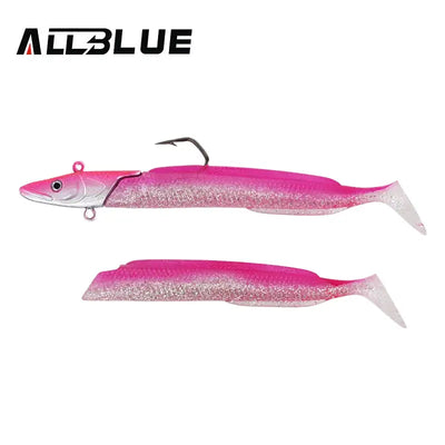 Soft paddle-tail fishing lure, pink with silver-speckled body and black hook