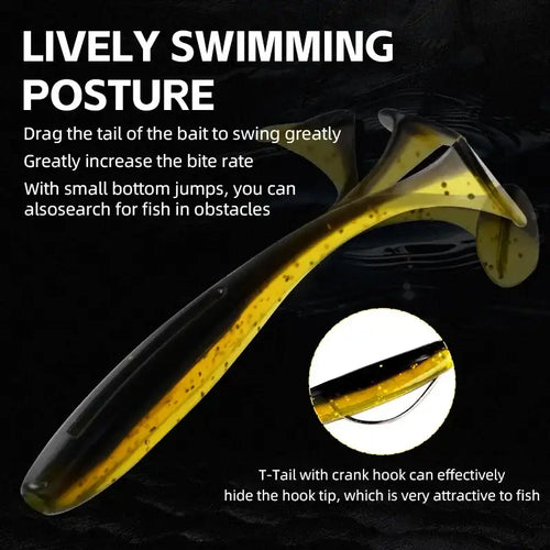 Gold and black silicone swimbait with T-tail