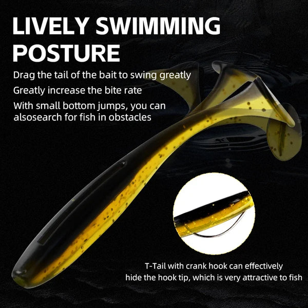 Gold and black silicone swimbait with T-tail
