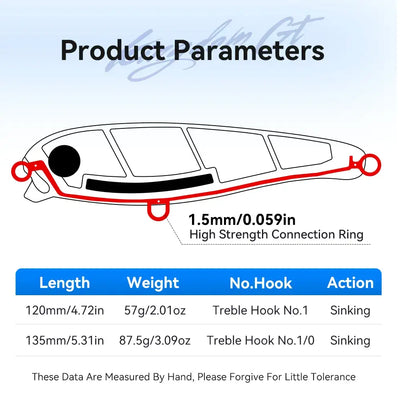 Sinking pencil fishing lure dimension diagram with length, weight, and ring details