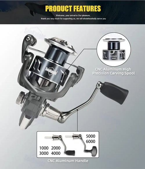 SeaKnight SANGE spinning reel in silver and black with CNC aluminum spool and asymmetrical rotor for smooth casting