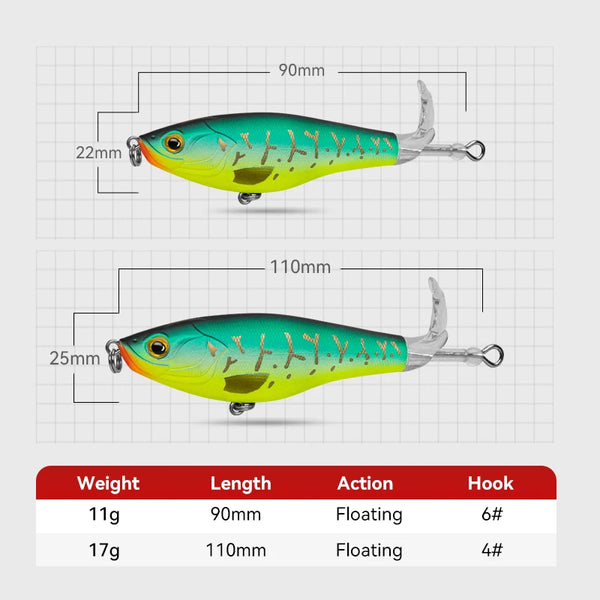 Floating topwater propeller lure, 90mm 11g and 110mm 17g versions, with hooks