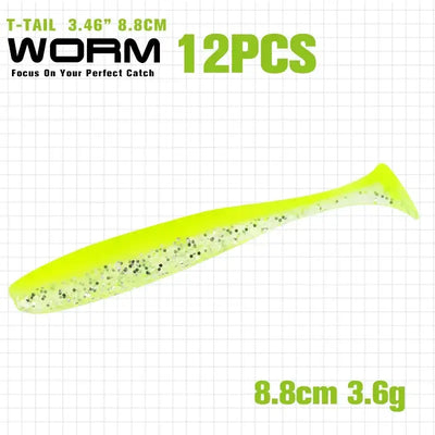 T-tail shad soft plastic lure, neon yellow with speckled belly
