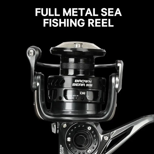 Full metal sea fishing reel with black body and silver handle
