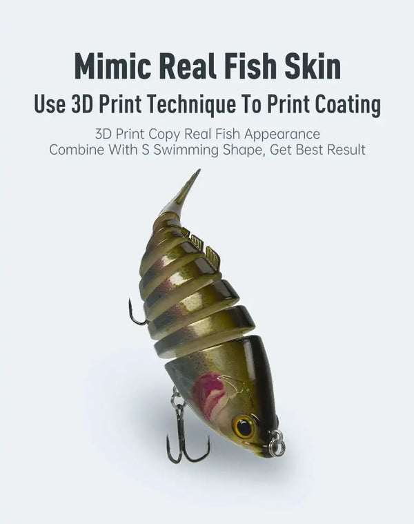 Olive segmented hard bait fishing lure with realistic eyes and treble hooks