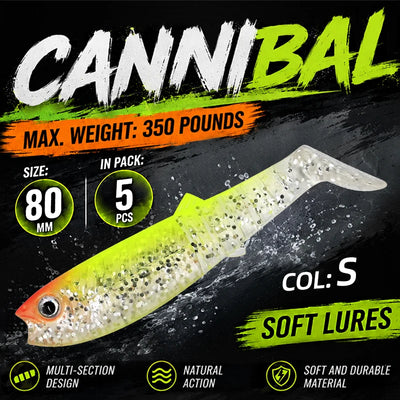 Paddle tail swimbait 5-pack in chartreuse-silver, speckled, with paddle fin