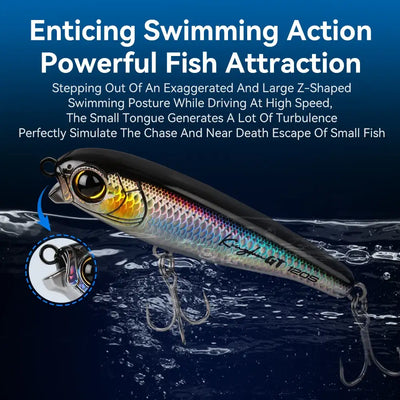 Saltwater pencil lure close-up, holographic scale pattern, black back, treble hooks