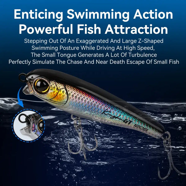 Saltwater pencil lure close-up, holographic scale pattern, black back, treble hooks