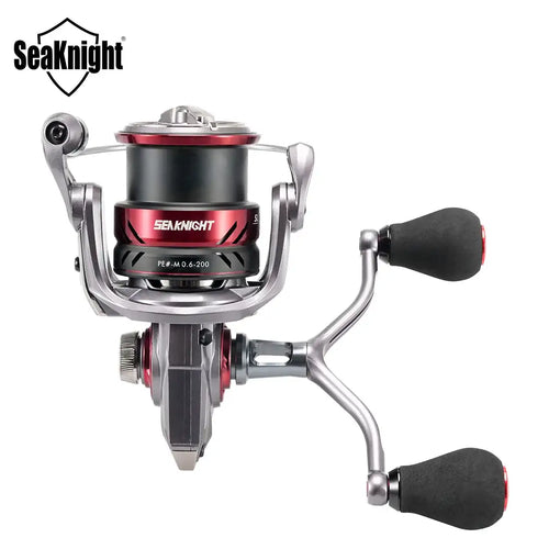 Front view of C3000S spinning reel with black spool, red ring, and dual handle