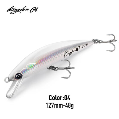 White sinking minnow lure with iridescent scale pattern, clear lip and three treble hooks (127mm)