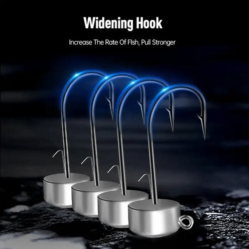 Widened hook jig lead heads with multiple black wire hooks and round lead bases