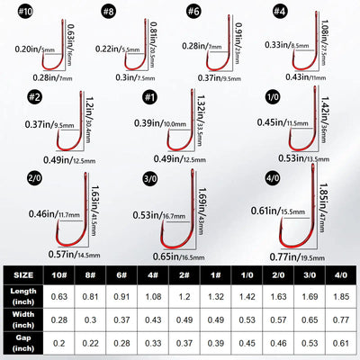 Long-shank bait holder hook size chart with red barbed hook measurement labels