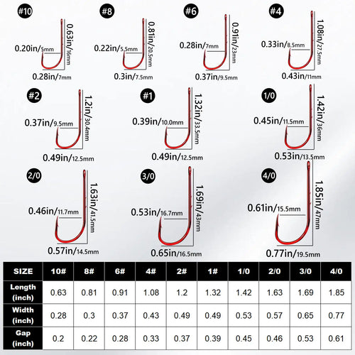 Long-shank bait holder hook size chart with red barbed hook measurement labels