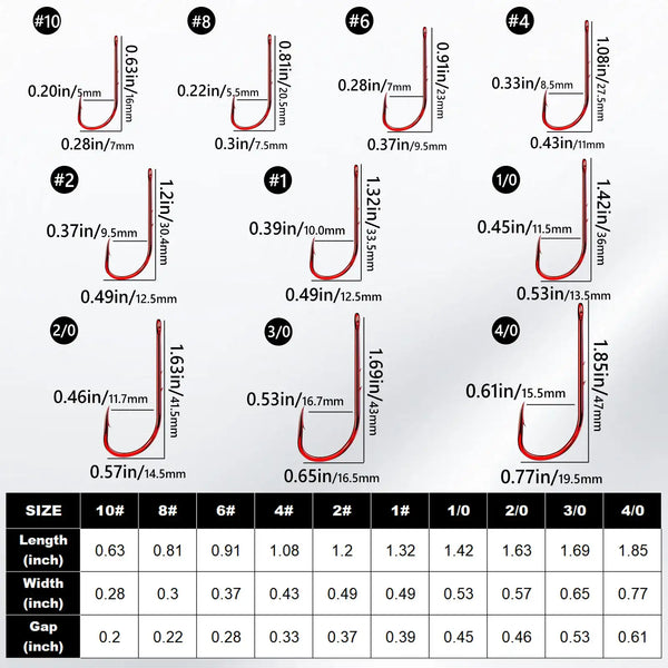 Long-shank bait holder hook size chart with red barbed hook measurement labels
