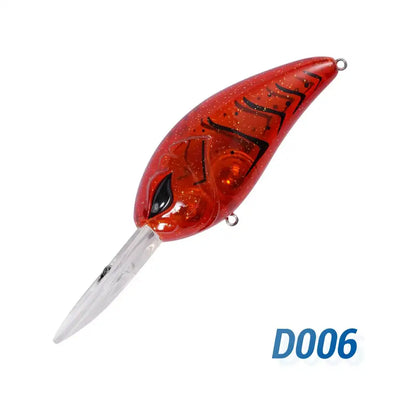 Red crankbait with black markings, treble hooks, and clear front diving lip