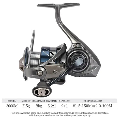 Silver ultralight spinning reel with metal body, spinning spool and fold handle