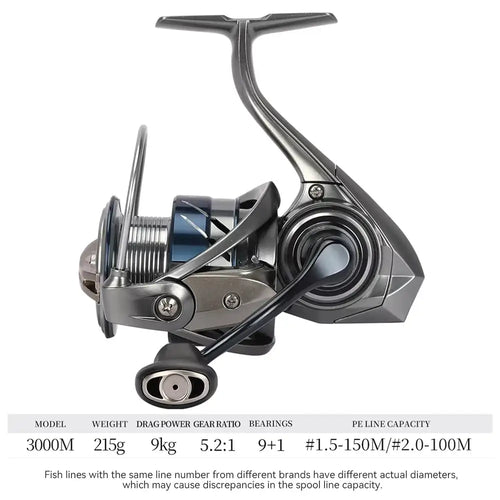Silver ultralight spinning reel with metal body, spinning spool and fold handle