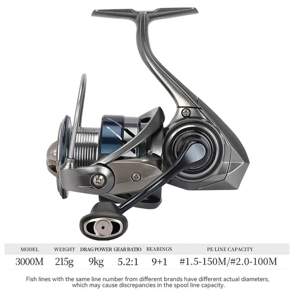 Silver ultralight spinning reel with metal body, spinning spool and fold handle