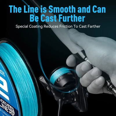 Blue braided PE fishing line on spool being handled near a fishing reel