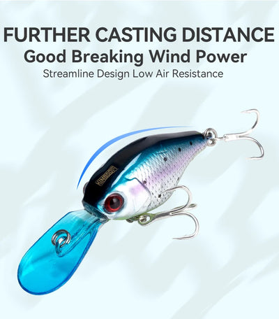 Minnow crankbait lure with silvery blue body, teal tail, and two treble hooks